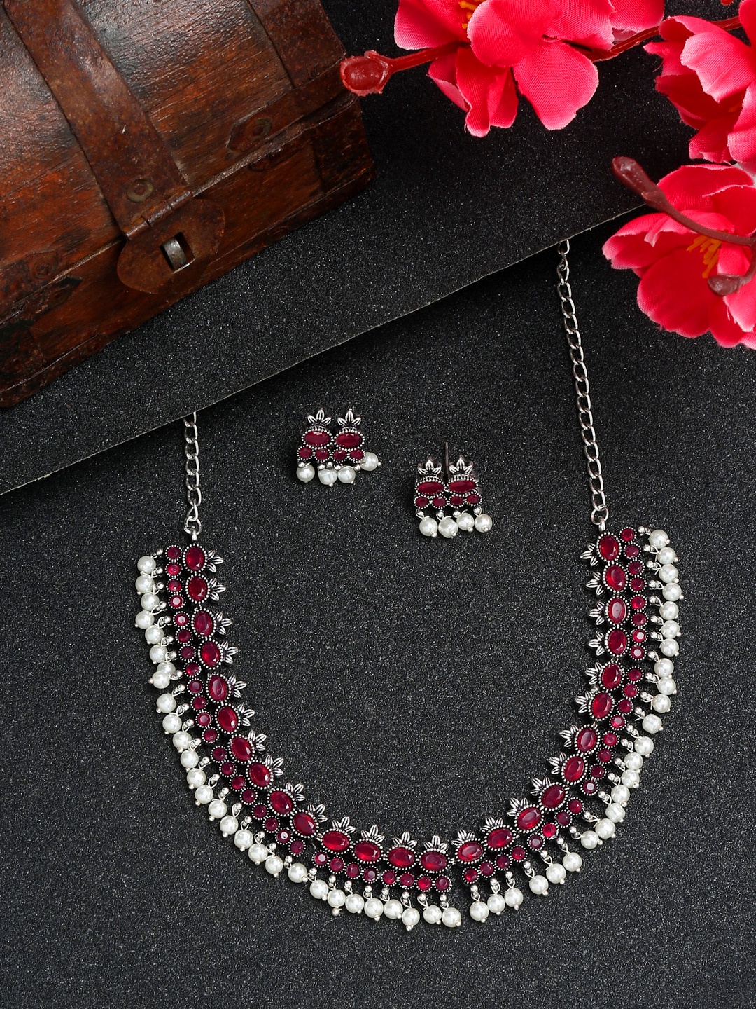 YouBella Jewellery Oxidised Silver Necklace Jewellery Set with Earrings for Girls and Women (Red) (YBNK_50524)